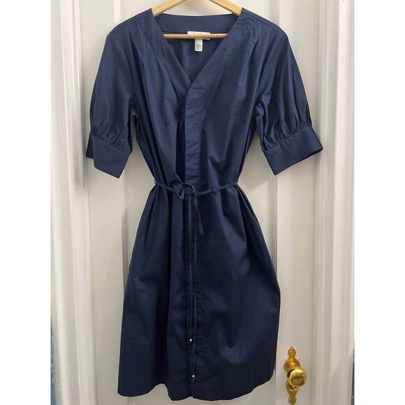 HALSTON H 3/4 Sleeve Banded Wrap Shirt Dress Navy Cotton, XS - Picture 2 of 8